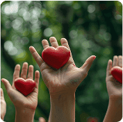 Community hands holding small hearts